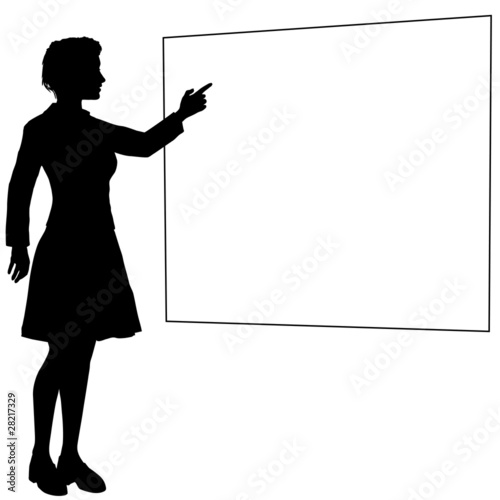 Business woman or teacher points hand sign board