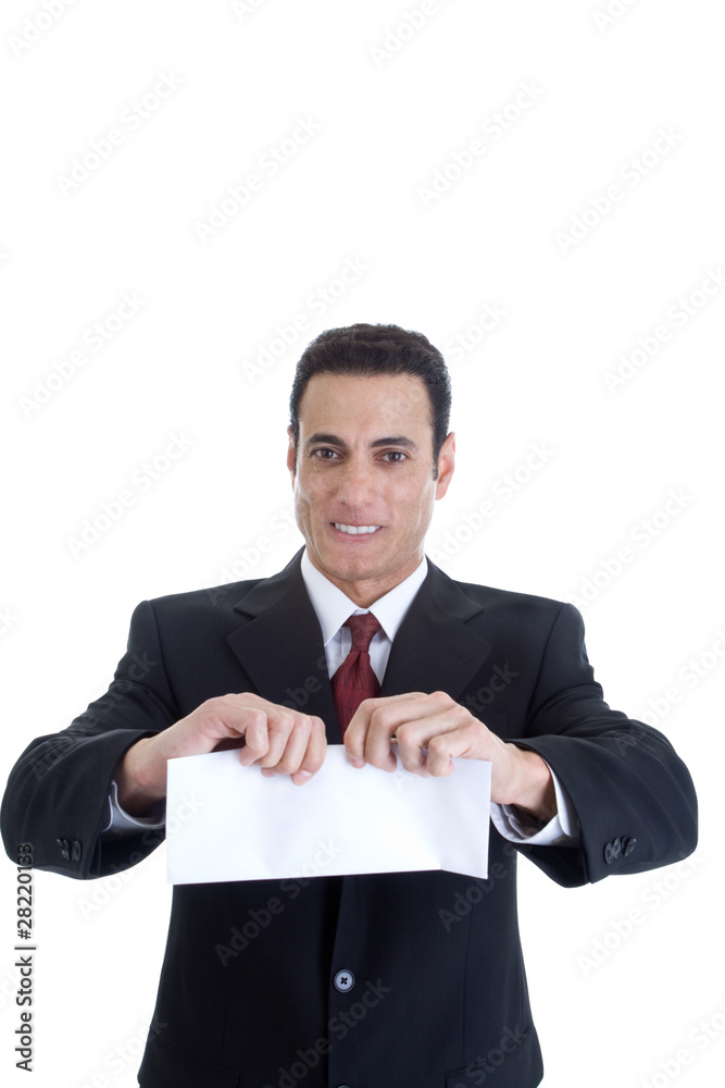 Handsome Caucasian Man Ripping Envelope, Isolated on White Handsome Caucasian Man Ripping Envelope, Isolated on White