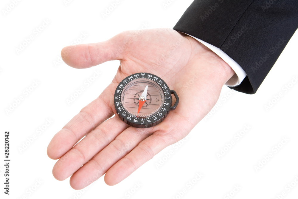 Man's Hand Holding Compass Isolated on White Background Man's Hand Holding Compass Isolated on White Background