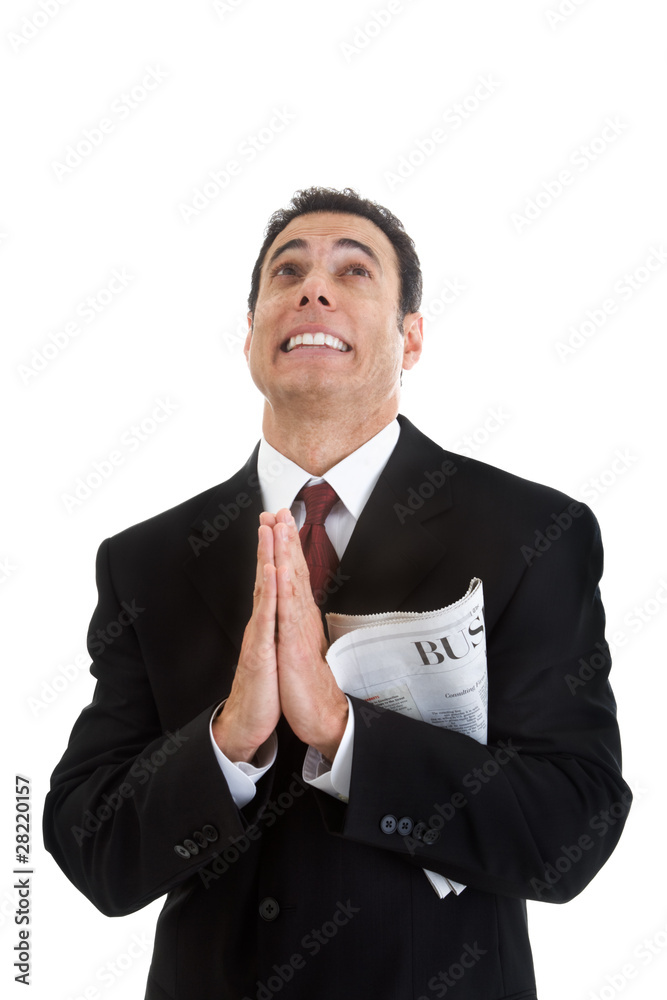 Fearful Man Business Section Newspaper Looking Up Praying Fearful Man Business Section Newspaper Looking Up Praying