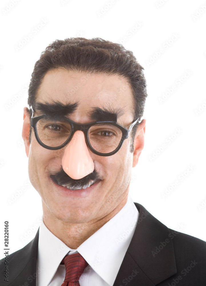Smiling Businessman Wearing Groucho Marx Glasses Isolated White Smiling Businessman Wearing Groucho Marx Glasses Isolated White