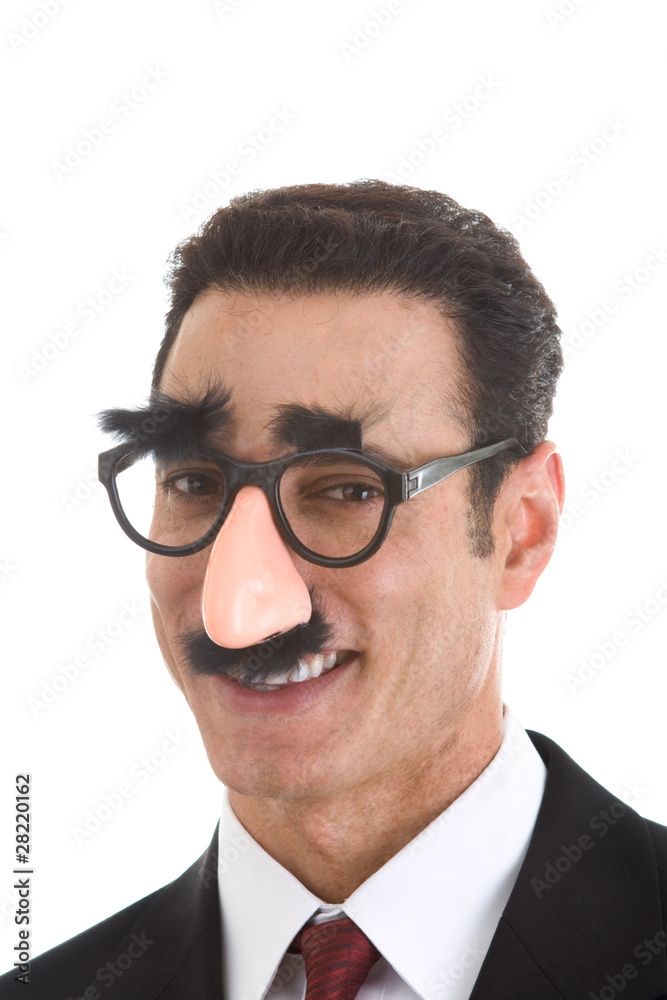 Smiling Businessman Wearing Groucho Marx Glasses Isolated White Smiling Businessman Wearing Groucho Marx Glasses Isolated White
