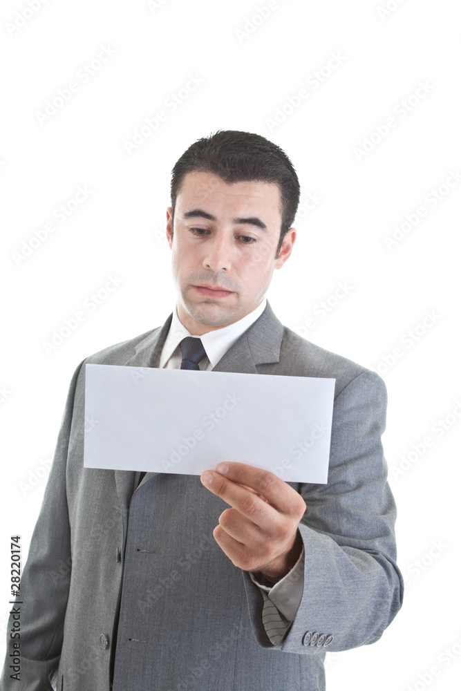 Sad Caucasian Hispanic Man Looking at Blank Envelope White Backg Sad Caucasian Hispanic Man Looking at Blank Envelope White Backg