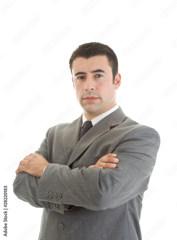 Serious Caucasian Hispanic Man Arms Crossed Isolated Background Serious Caucasian Hispanic Man Arms Crossed Isolated Background