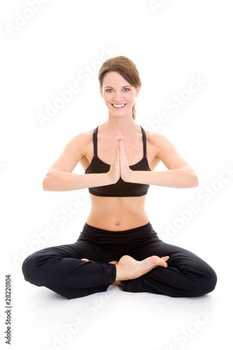Slender Woman Sitting Yoga Palms Pressed Together Isolated White