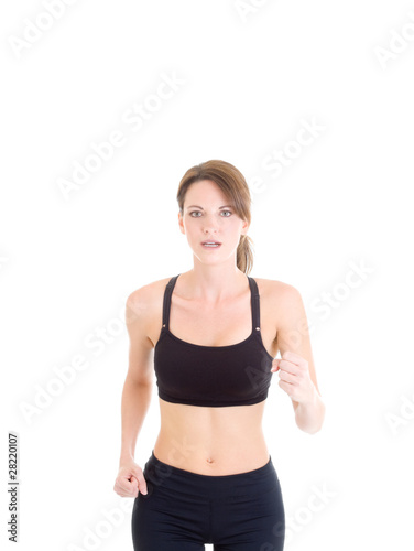 Slender White Woman Jogging on Isolated Background
