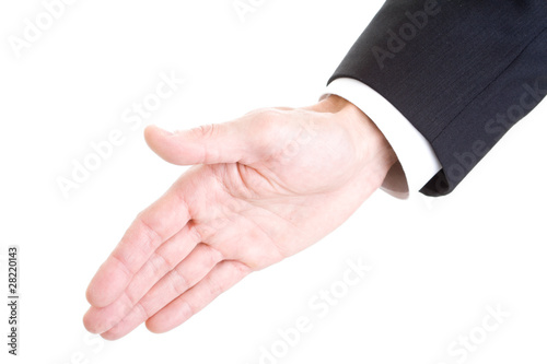Man's Hand Extended for Handshake Isolated on White