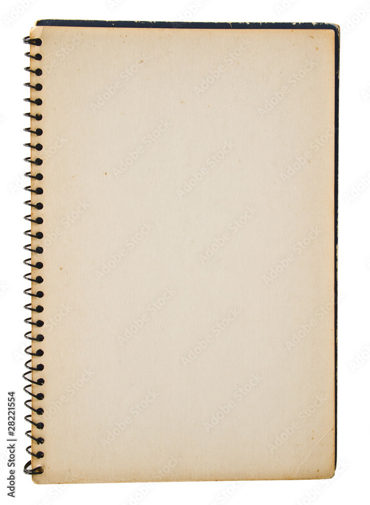 Back cover of blue spiral notebook isolated on white background