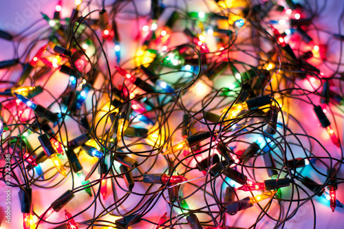 Background of colorful Christmas lights. Decorative garland