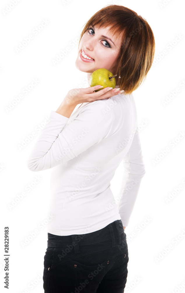 Portrait of a young beautiful woman with a green apple Portrait of a young beautiful woman with a green apple