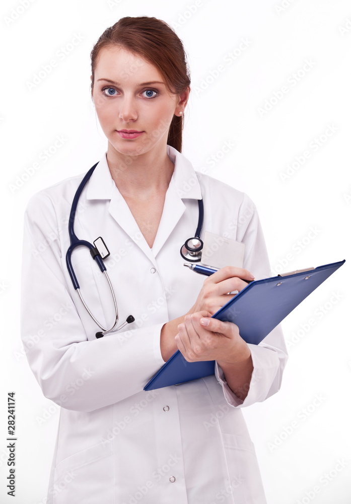 Doctor completing on medical card. Isolated on a white. Doctor completing on medical card. Isolated on a white.