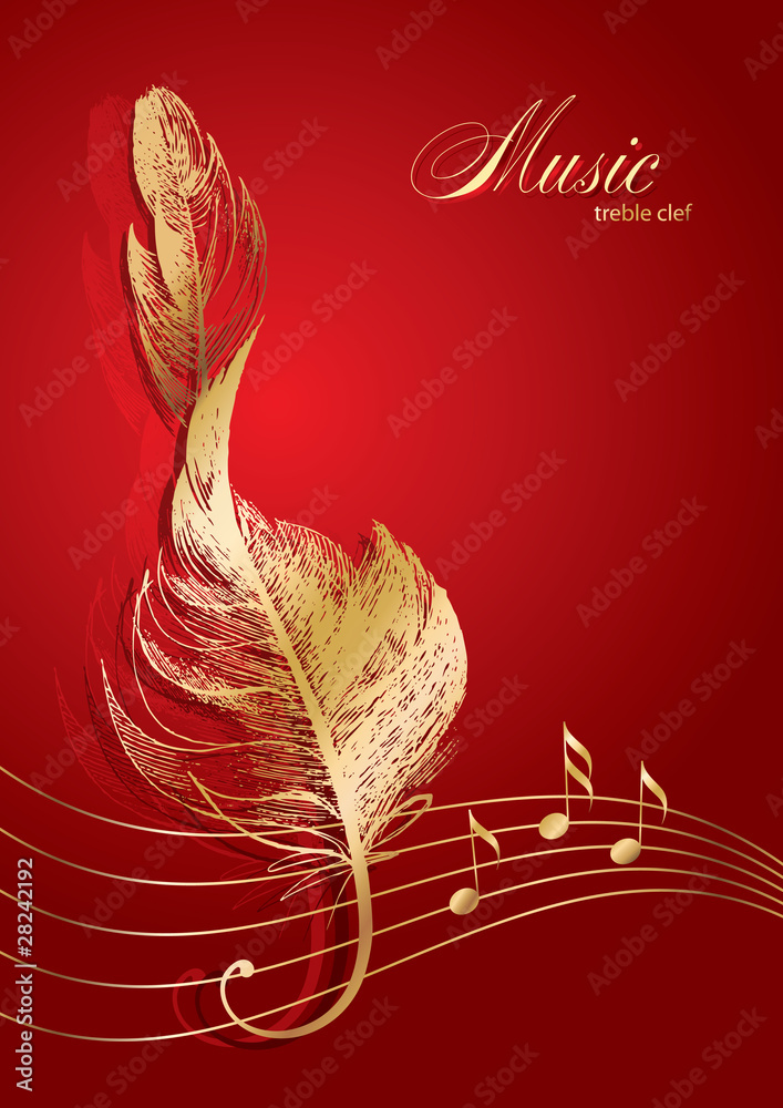 Fototapeta premium Golden treble clef in the form of the bird's feather on the red
