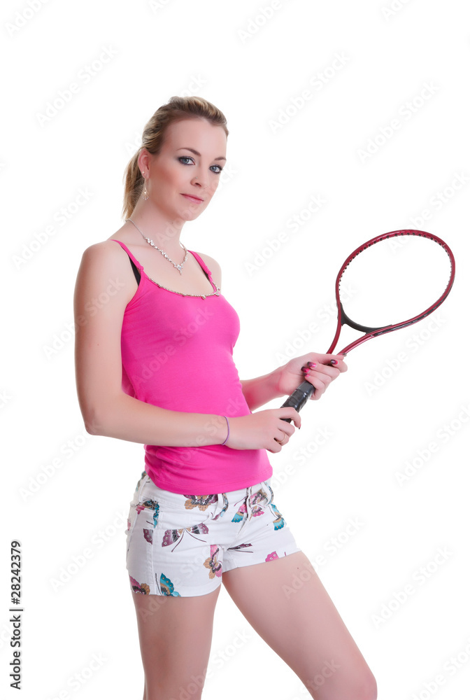 pretty girl with tennis racket on white