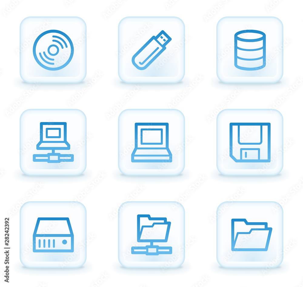 Drives and storage web icons, white square buttons Drives and storage web icons, white square buttons