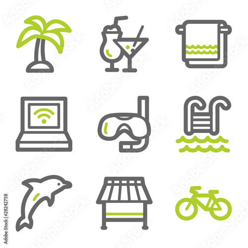 Vacation web icons, green and gray contour series