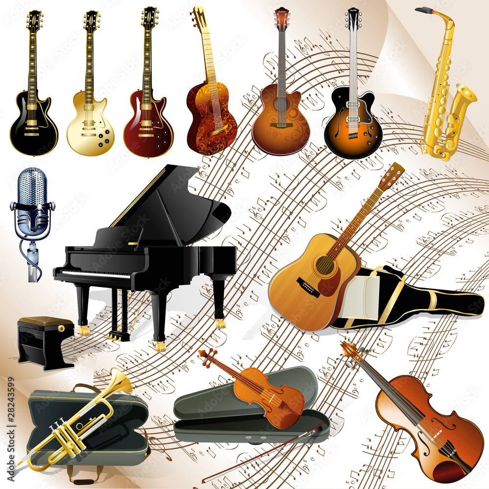 Fototapeta premium Collection of various music instruments on chords sheet