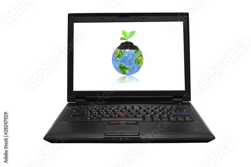 Laptop on white background whith Earth on the screen .