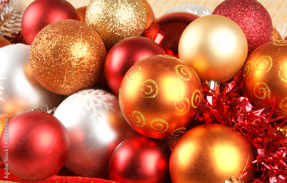 Colorful Christmas balls with bright red ribbons Colorful Christmas balls with bright red ribbons