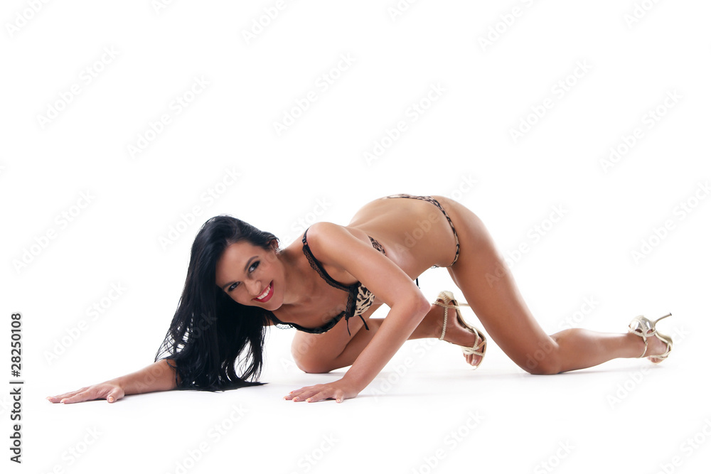 Fototapeta premium A young and sexy brunette is crawling on the floor