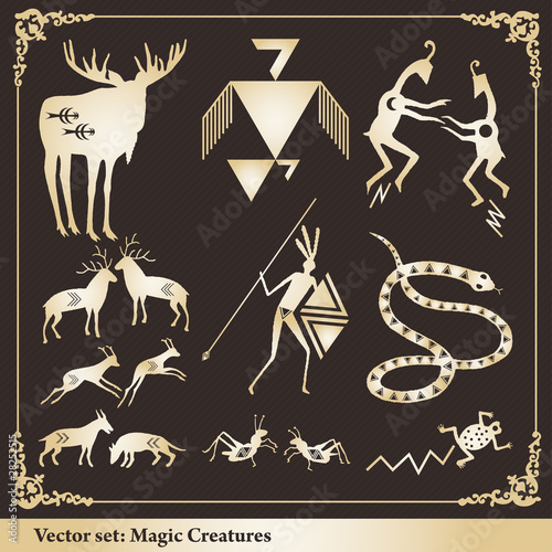 Gold ceremonial native american indians vector set