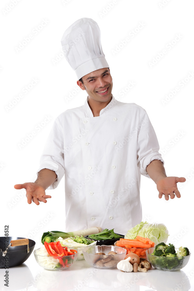 Young nepalese man chef, fresh vegetables Young nepalese man chef, fresh vegetables