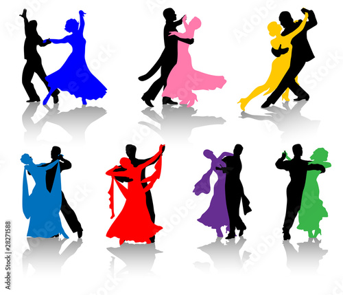 Silhouettes of ballet dancers in various colors