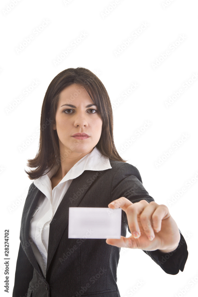Smiling Caucasian Businesswoman Holding Business Card Isolated Smiling Caucasian Businesswoman Holding Business Card Isolated