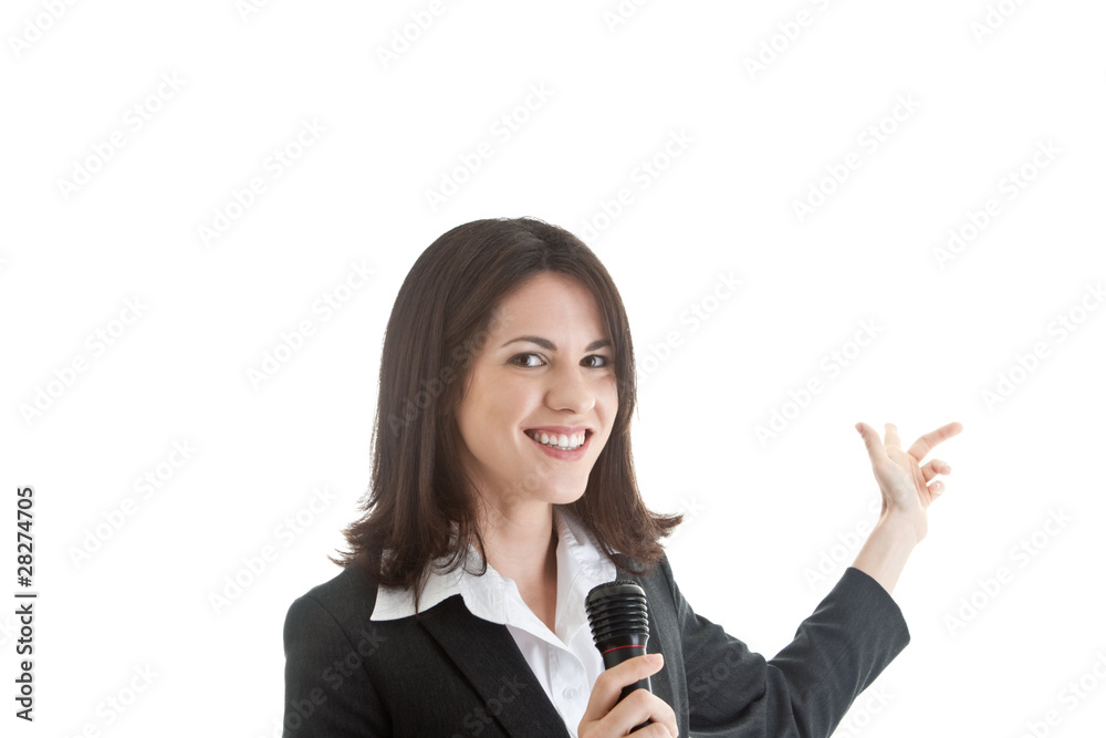 Caucasian Woman Holding Microphone Pointing Behind Isolated Caucasian Woman Holding Microphone Pointing Behind Isolated