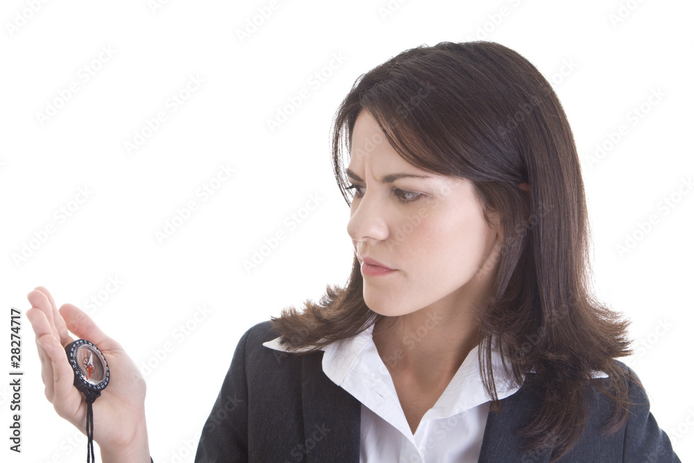 White Woman Looking at Intently at Compass Isolated Background White Woman Looking at Intently at Compass Isolated Background