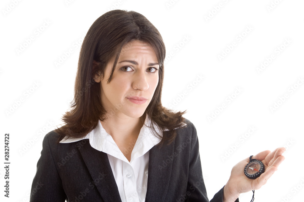 Worried Caucasian Woman Holding Compass Looking At Camera White Worried Caucasian Woman Holding Compass Looking At Camera White