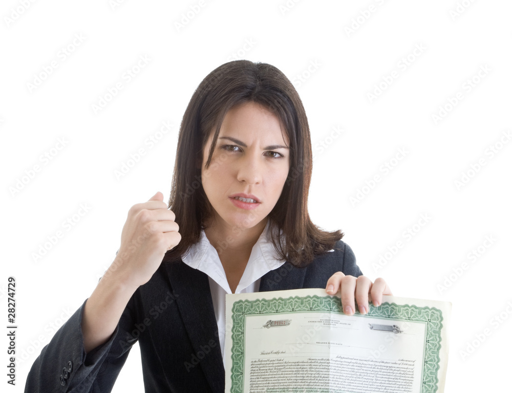 Angry Caucasian Woman Holding Stock Certificate and Waving Fist Angry Caucasian Woman Holding Stock Certificate and Waving Fist