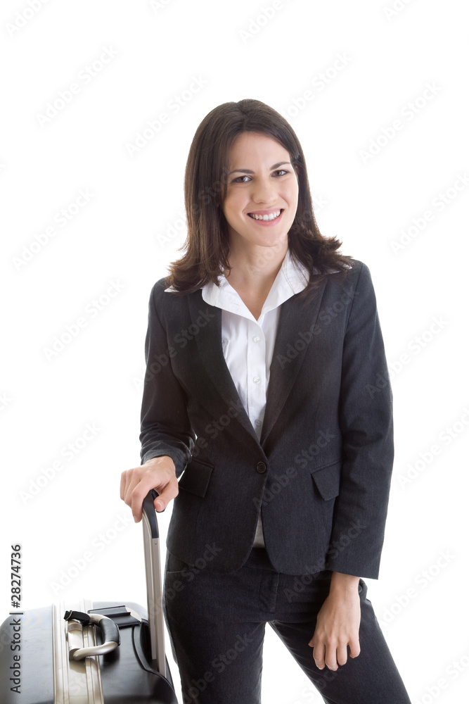 Smiling Caucasian Woman Suitcase Traveler Isolated Background Smiling Caucasian Woman Suitcase Traveler Isolated Background
