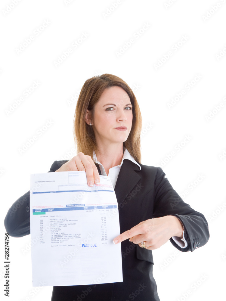 Caucasian Woman Pointing at Past Due Medical Bill Isolated White Caucasian Woman Pointing at Past Due Medical Bill Isolated White