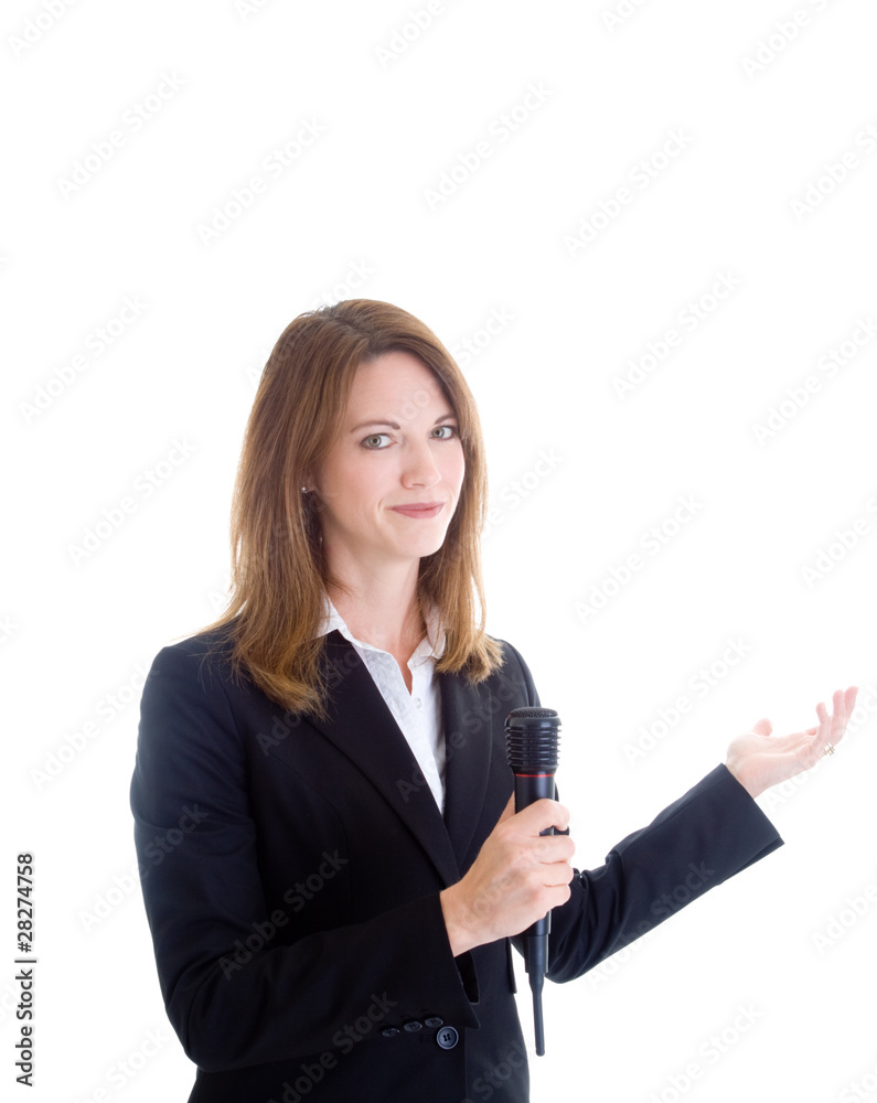 Smiling White Woman Holding Wireless Microphone Gesturing Smiling White Woman Holding Wireless Microphone Gesturing