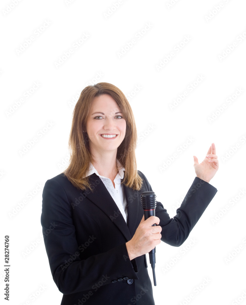 Smiling Caucasian Woman Holding Wireless Microphone Gesturing
