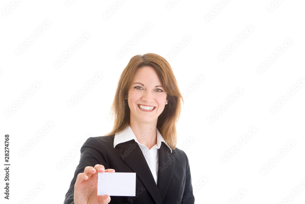 Smiling Caucasian Woman Holding Business Card White Background Smiling Caucasian Woman Holding Business Card White Background