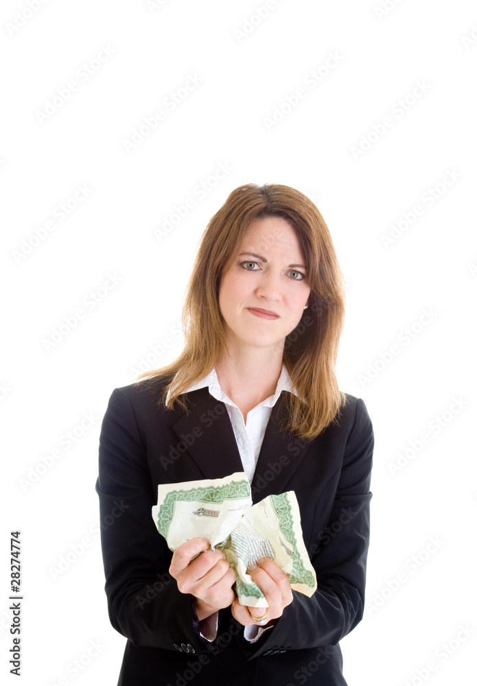 Angry White Woman Crumple Stock Certificate Isolated Background Angry White Woman Crumple Stock Certificate Isolated Background