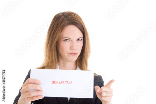 Angry Caucasian Woman Screw You Sign Pointing Camera White photo