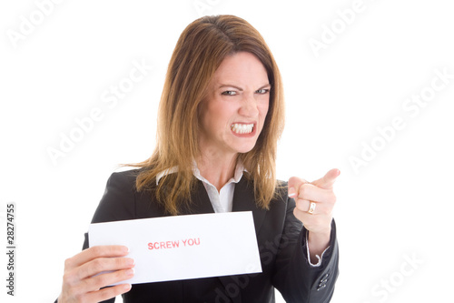 Angry Woman Pointing Accusing Finger Screw You Sign Envelope photo