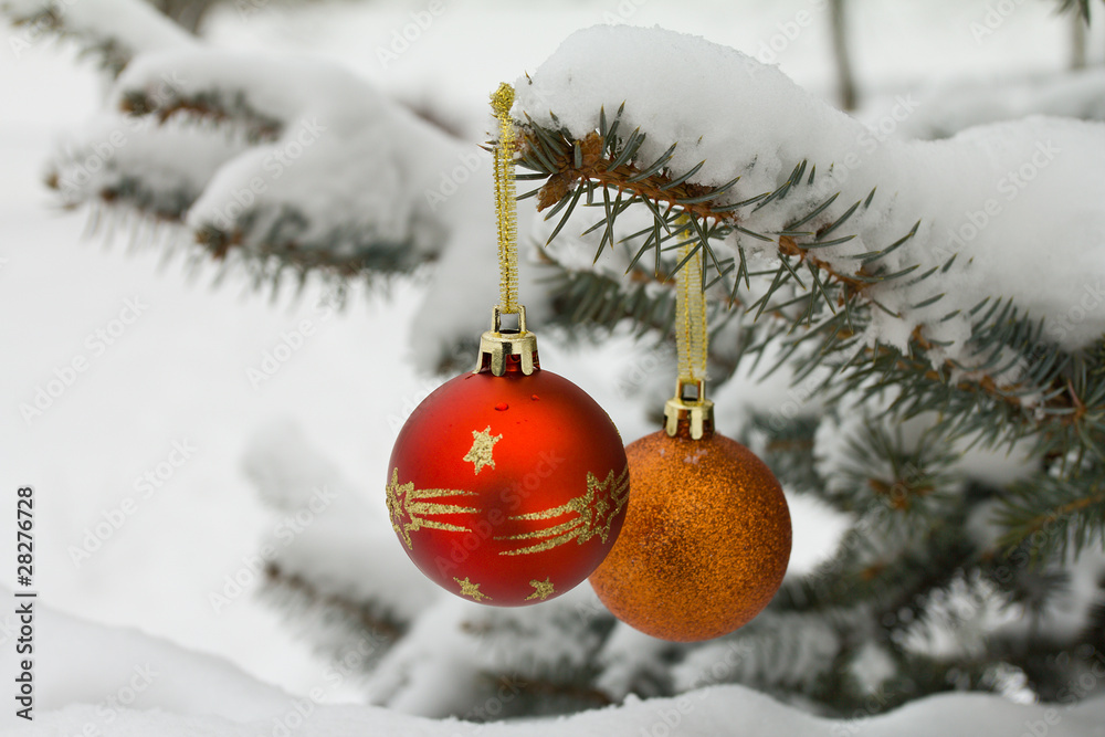 christmas decorations on fir branch christmas decorations on fir branch