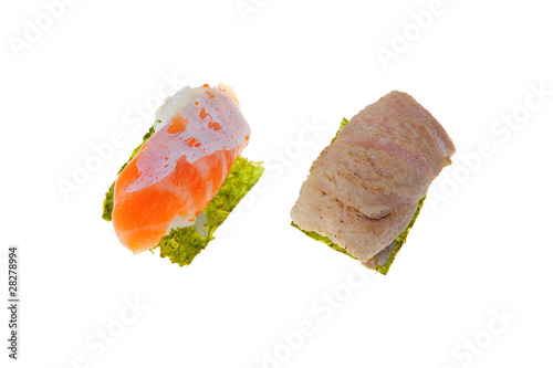 Japanese rice sushi fill with fish meat and pork