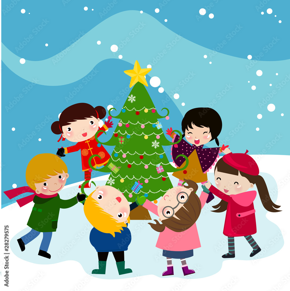 Children and Christmas tree Children and Christmas tree