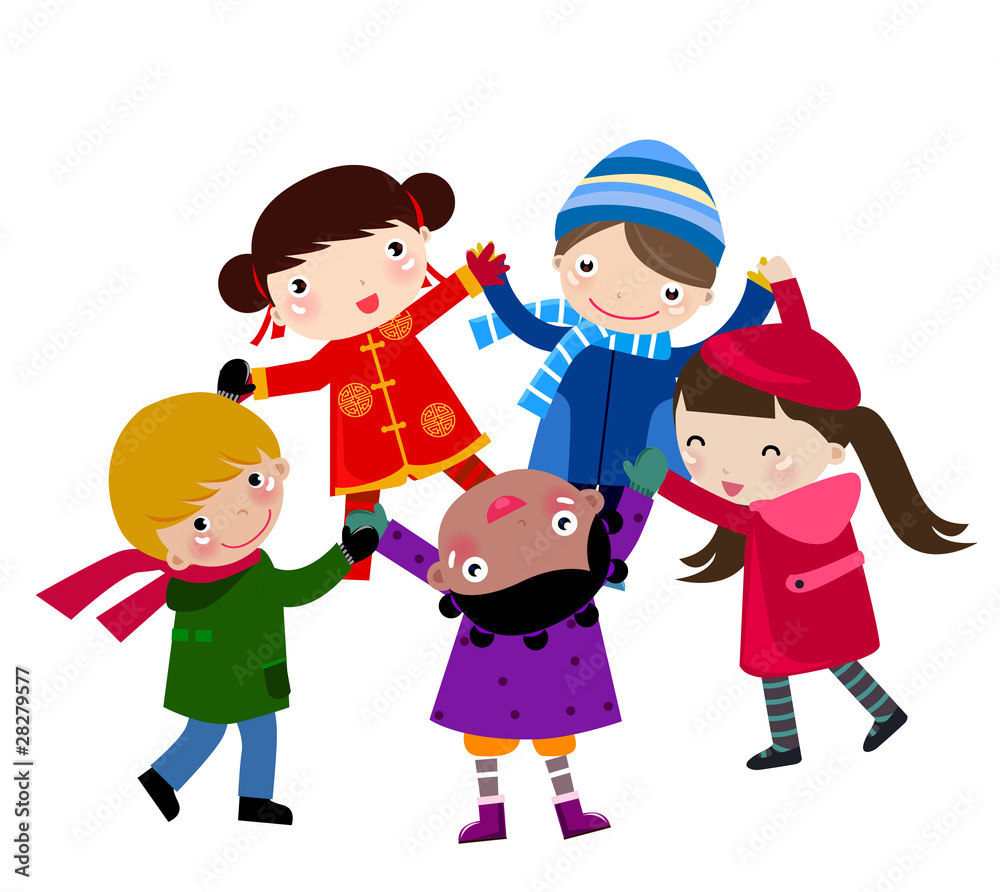 group of happy children holding hand around