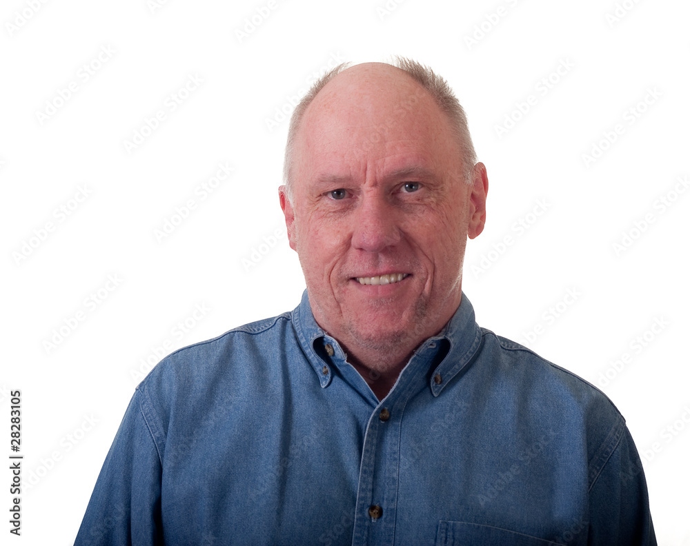 Older Bald Man in Blue Denim Shirt Smiling Older Bald Man in Blue Denim Shirt Smiling