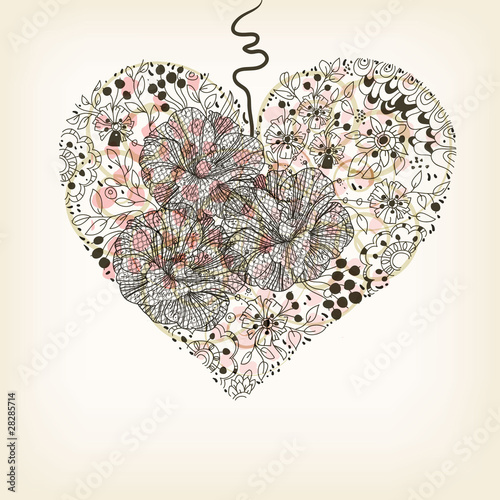 floral heart with hand drawn flowers