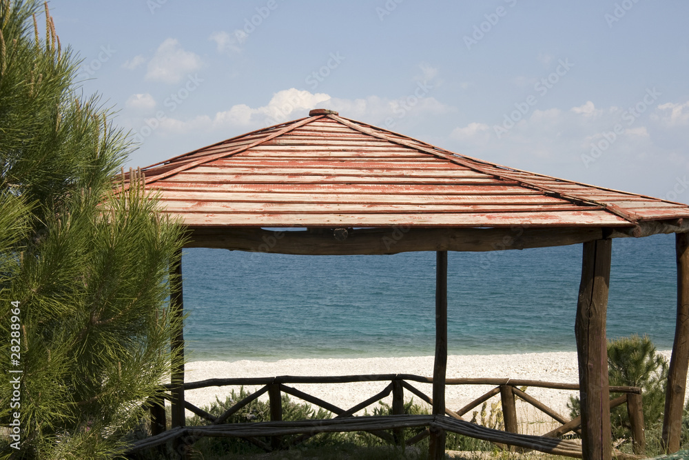 Gazebo against blue mediterranean sea. Taken in Peloponnese Gazebo against blue mediterranean sea. Taken in Peloponnese