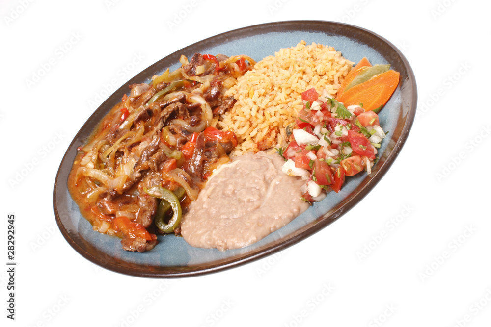 Steak fajitas with beans and rice. Steak fajitas with beans and rice.