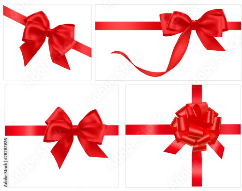 Collection of holiday red bows with ribbons. Vector.