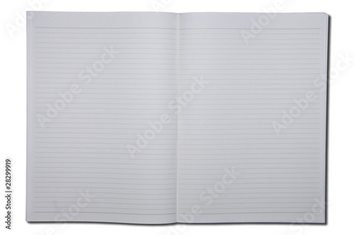 Blank notebook open on white background
