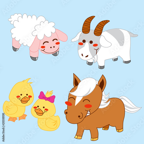 Collection of four happy farm animals isolated